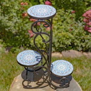 Three Tiered Mosaic Style Plant Stand with Cerulean, White and Black Tiles