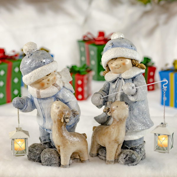 Children Holding Lighted Lanterns- Petting Reindeer