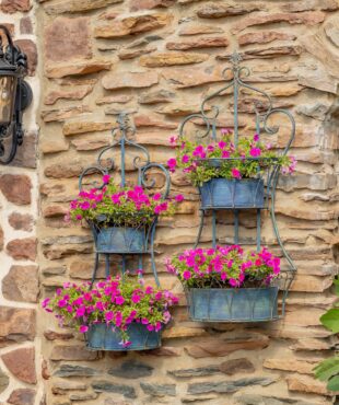 Two dual blue hanging on wall iron basket planters with curlicue designs and plants in it for additional décor ( Plants not included)