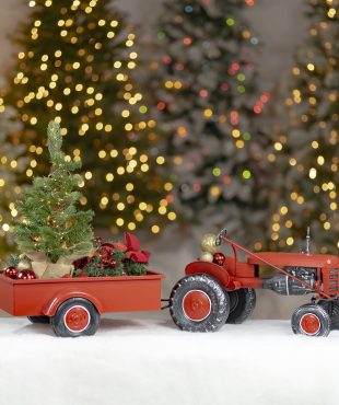 Small red metal tractor with Christmas tree in wagon and large black wheels showing tractor driver seat standing on white snow