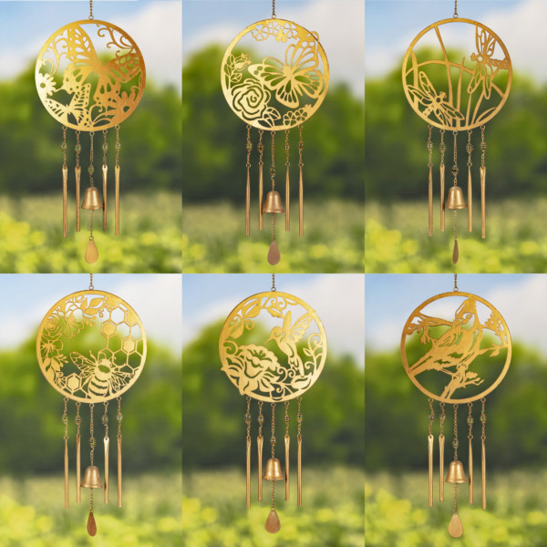 Six assorted circular copper wind chimes with nature scenes in every round area and small bell hanging in the centre