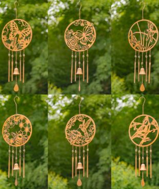Six assorted circular copper wind chimes with nature scenes in every round area and small bell hanging in the center