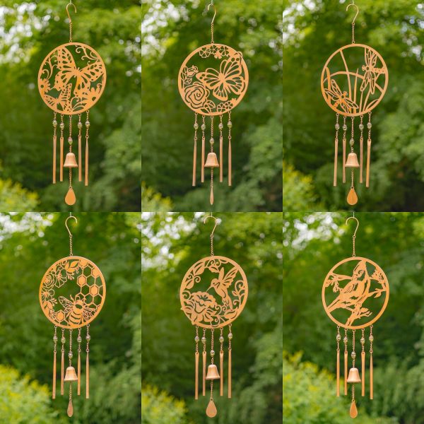 Six assorted circular copper wind chimes with nature scenes in every round area and small bell hanging in the center