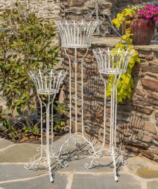 set of three assorted height iron plant stands with a distressed Antique White finish