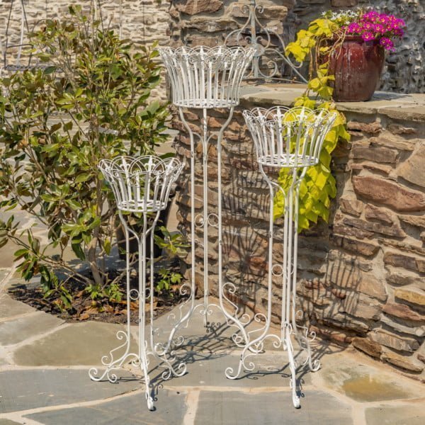 set of three assorted height iron plant stands with a distressed Antique White finish
