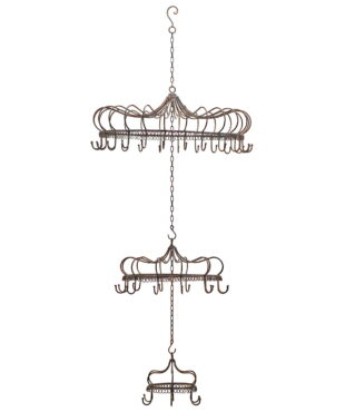 Hanging metal chandelier display with 44 hooks and 3 tiers in antique bronze distressed finish
