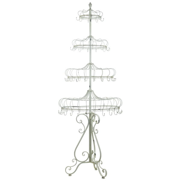7 feet tall 4 tiered metal display with 62 hooks in antique white distressed finish with ornate curved folding stand