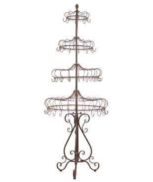 7 feet tall 4 tiered metal display with 62 hooks in antique bronze distressed finish with ornate curved folding stand