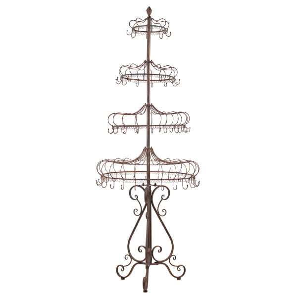 7 feet tall 4 tiered metal display with 62 hooks in antique bronze distressed finish with ornate curved folding stand