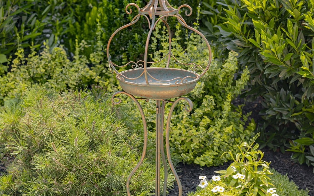 45″ Tall Iron Birdbath with Ceramic Sailor Ball Accent