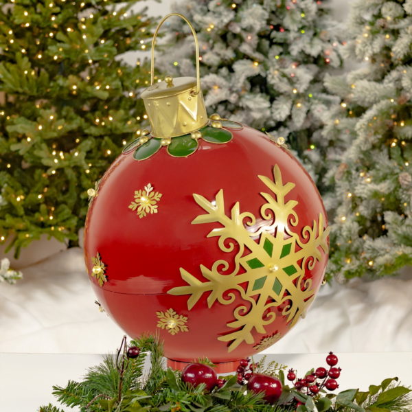 Large Red Christmas Ball with Gold Snowflake Design and LED Lights