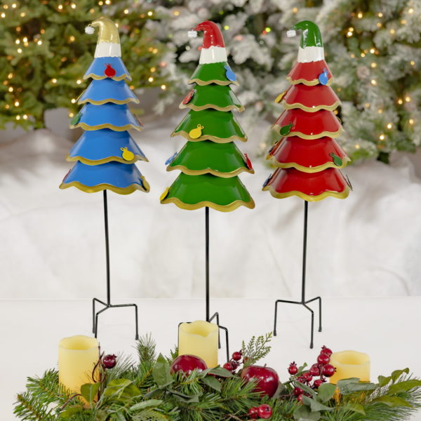 Three Metal Christmas Trees on Garden Stakes in Red, Green and Blue Colors