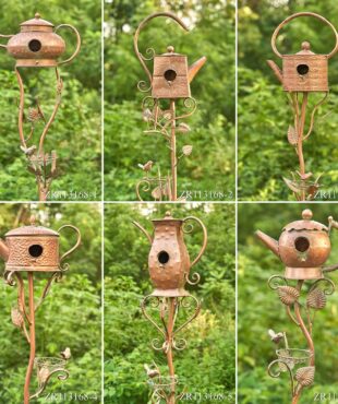 collage image of 6 assorted iron teapot birdhouse garden stakes in copper finish with skus