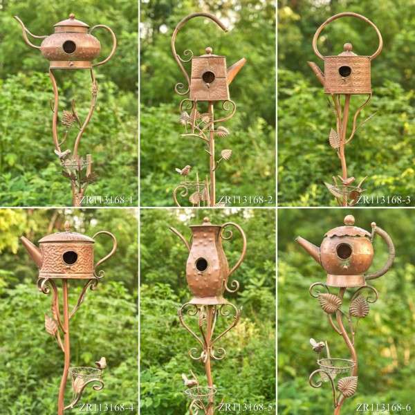 collage image showing top half of six assorted antique copper finish metal birdhouse garden stakes in unique shapes
