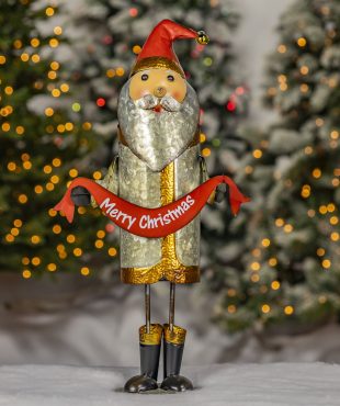 Classic galvanized metal Santa Claus figurine holding Merry Christmas sash