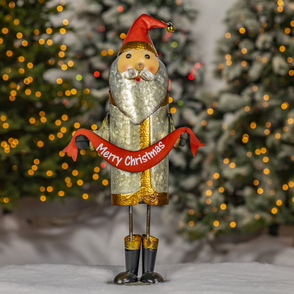 Classic galvanized metal Santa Claus figurine holding Merry Christmas sash