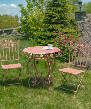 Copenhagen 1843 Three Piece Metal Bistro Set with Aster Flower Accents in Flamingo Pink