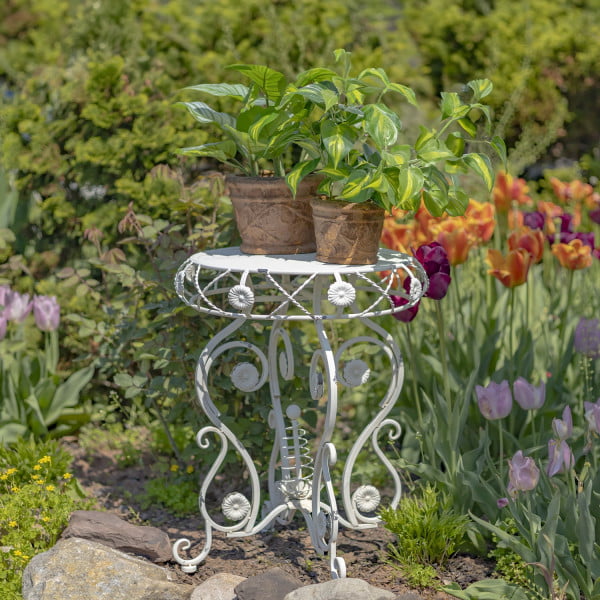 Iron Round Table with Aster flower accents in antique white finish