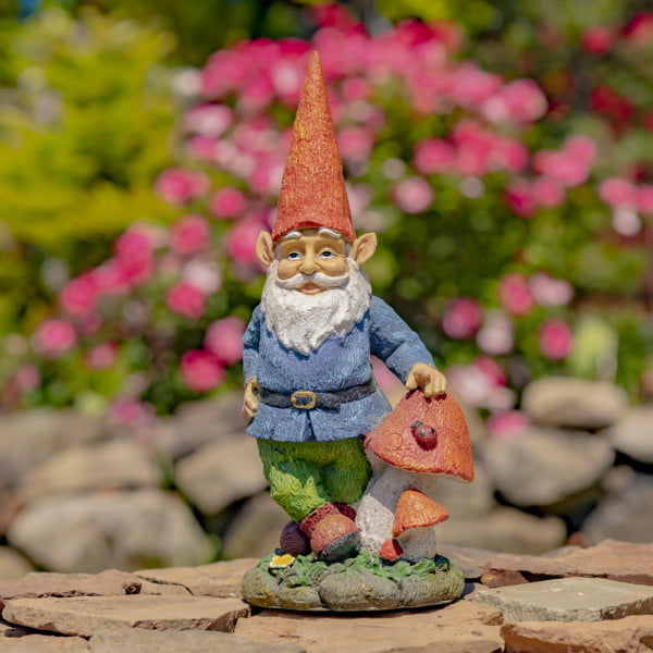 16 inch Tall Spring Garden Gnome Statue with Mushrooms in Garden