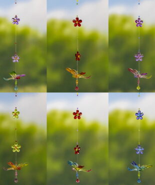 Set of different acrylic hanging dragon fly ornaments with flowers in different colors