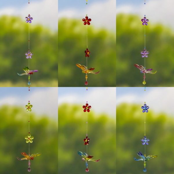 Set of different acrylic hanging dragon fly ornaments with flowers in different colors