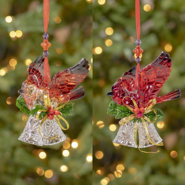 1 pair of Hanging long cardinal ornament with two small crystal bells and organza ribbon with bright red bird in the centre sitting on the two bells