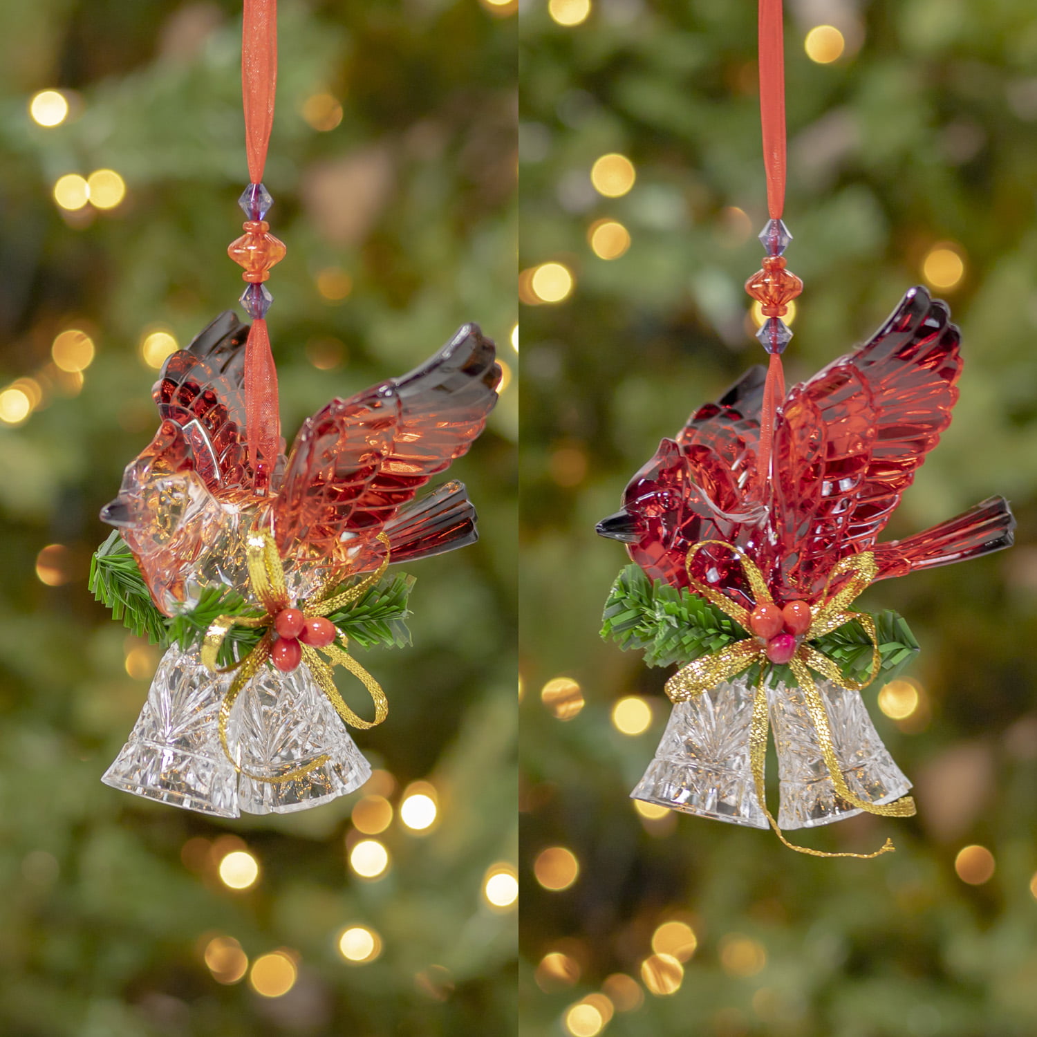 Set of 6 Acrylic Cardinal Ornaments with Bell and Organza Ribbon