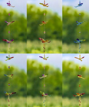 One set of six hanging acrylic with three pieces of dragonfly on every chain in different colors