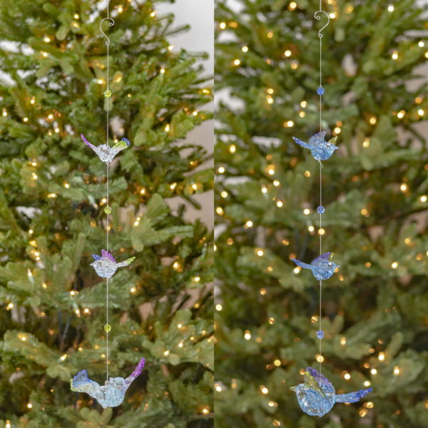 One set of two three piece five tone blue acrylic chain ornament hanging in colors like clear,blue ,purple, green an yellow