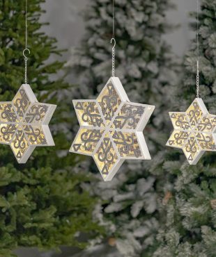 Set of 3 metal hanging 3-dimentional light-up six-point star snowflakes in large medium and small sizes in white finish