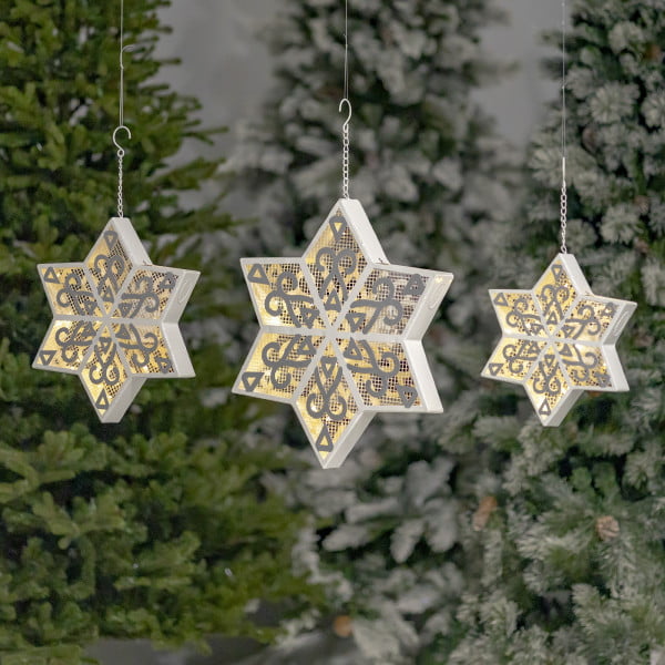 Set of 3 metal hanging 3-dimentional light-up six-point star snowflakes in large medium and small sizes in white finish