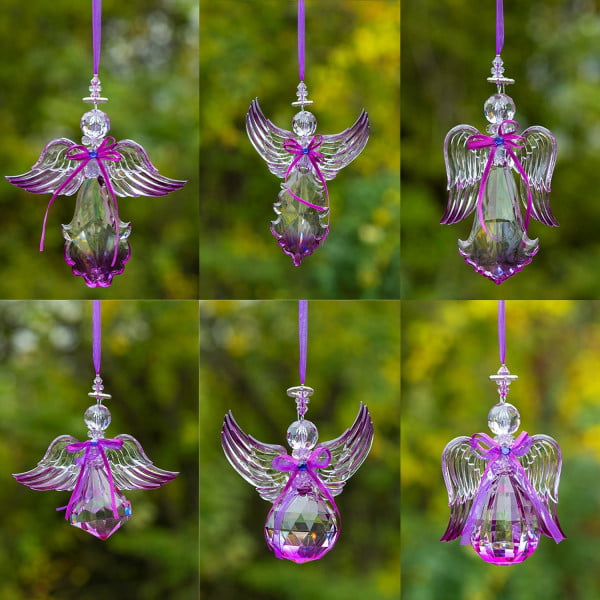 collage of large purple acrylic angels in 6 assorted styles hanging ornaments