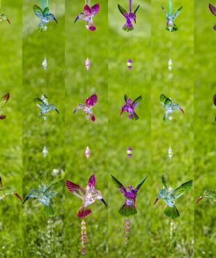 collage of 6 hanging acrylic 3-piece hummingbird chains in 6 assorted colors
