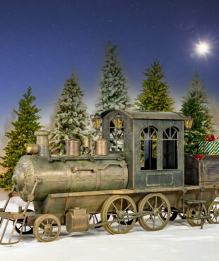 Extra large 16 feet long iron Christmas metal train in antique bronze finish with cart and gift boxes inside it