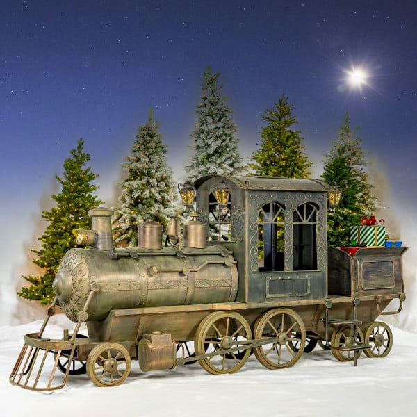 Extra large 16 feet long iron Christmas metal train in antique bronze finish with cart and gift boxes inside it