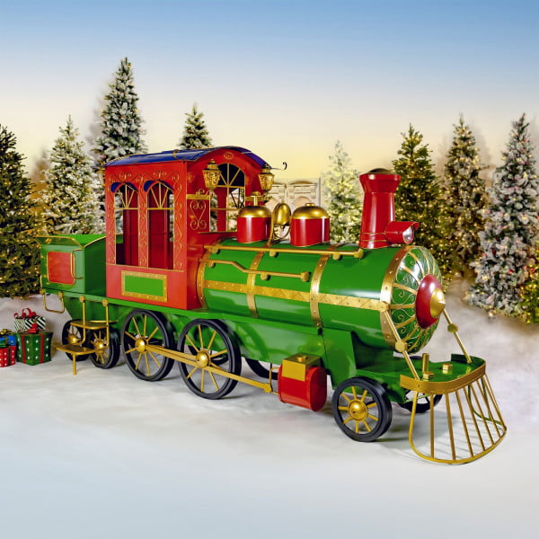 Extra large 16 feet long iron Christmas metal train in glossy red, green and gold with cart