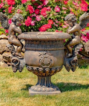 36.5 Tall Large Magnesium Urn with Cherubs in Antique Bronze Amorini