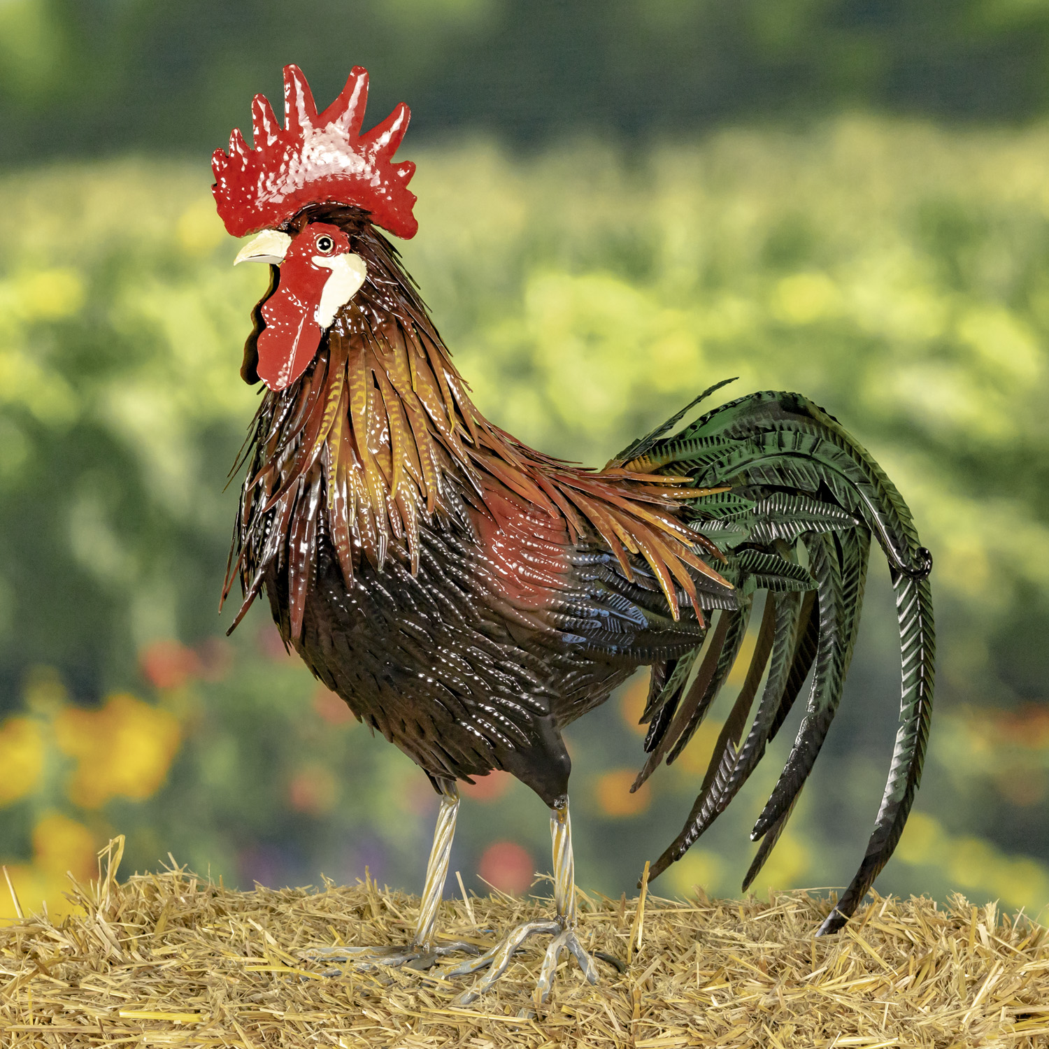 Tall painted iron rooster with red comb on his head, orange and brown feathers flowing down his back and green and black sickle feathers standing on hay