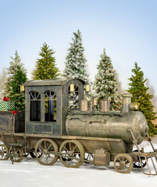 12.5 foot long hand painted antique bronze iron train with cart, lanterns, and working LED headlights - decorative display