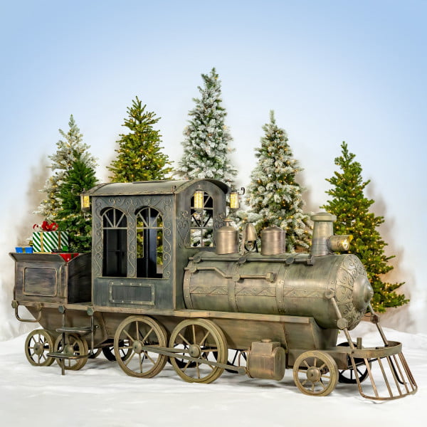 12.5 foot long hand painted antique bronze iron train with cart, lanterns, and working LED headlights - decorative display