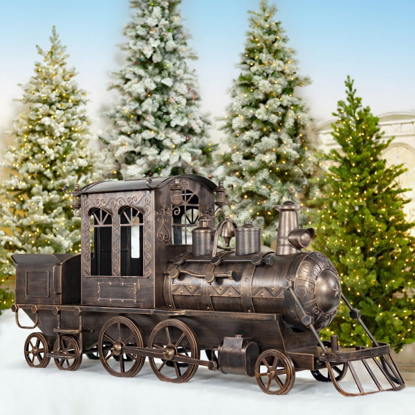 5.85 feet long medium size iron Christmas train with cart and lanterns in painted antique bronze finish