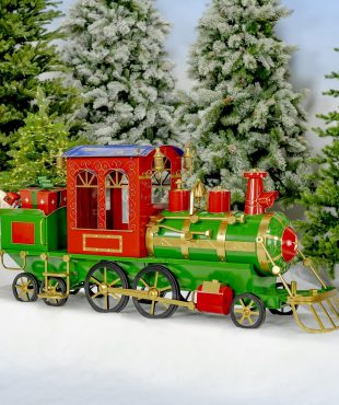 5.85 feet long medium size iron Christmas train with cart and lanterns in glossy red, green, blue and gold