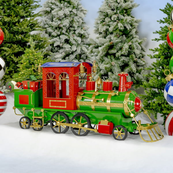 5.85 feet long medium size iron Christmas train with cart and lanterns in glossy red, green, blue and gold