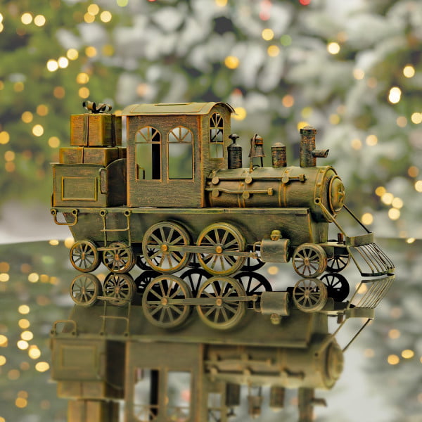 17 inch long metal tabletop train decoration in hand painted antique bronze