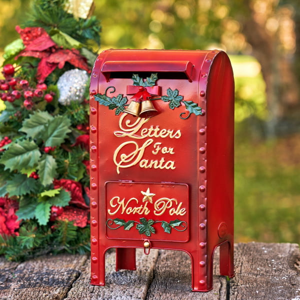 18 inch tall glossy red metal Christmas mailbox with gold cursive text reading Letters to Santa - both functional and decorative