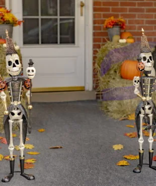 37 inch Tall Set of 2 Small Halloween Skeleton Soldiers Holding Staffs