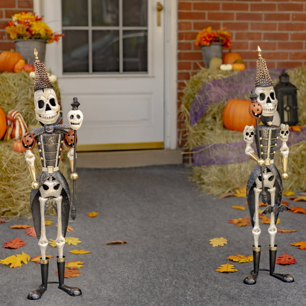 37 inch Tall Set of 2 Small Halloween Skeleton Soldiers Holding Staffs