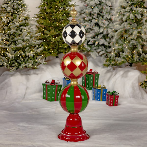 5.6 Feet tall iron Christmas Ornament Tower in red, green, white, black and gold