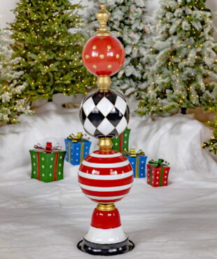 5.6 Feet tall iron Christmas ornament tower with polka dot, strip and argyle patterns in red, white, black and gold