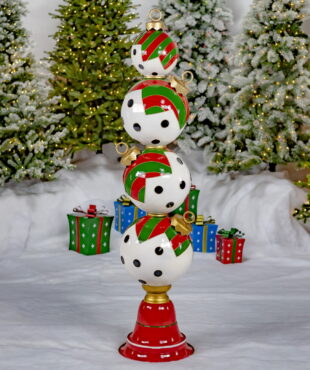 6 Feet tall iron Christmas Ornament tower with black and white polka dot pattern and red, green, gold details